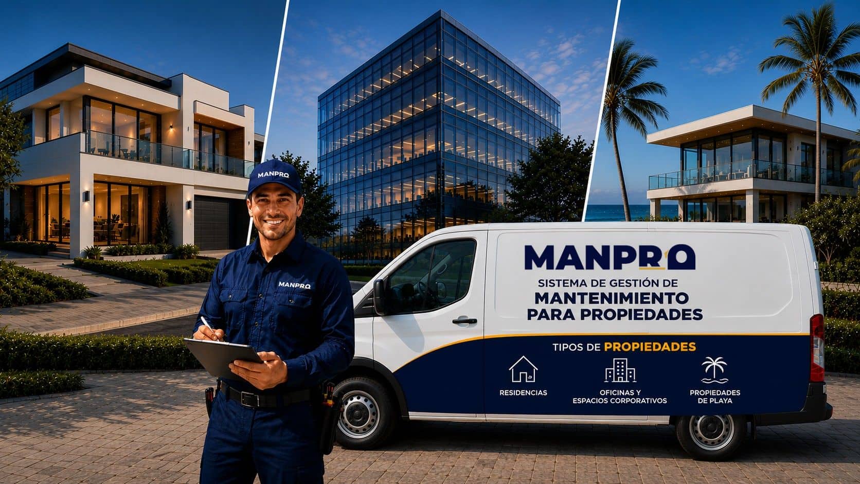 Técnico de MANPRO supervisando mantenimiento preventivo en una propiedad moderna en Panamá