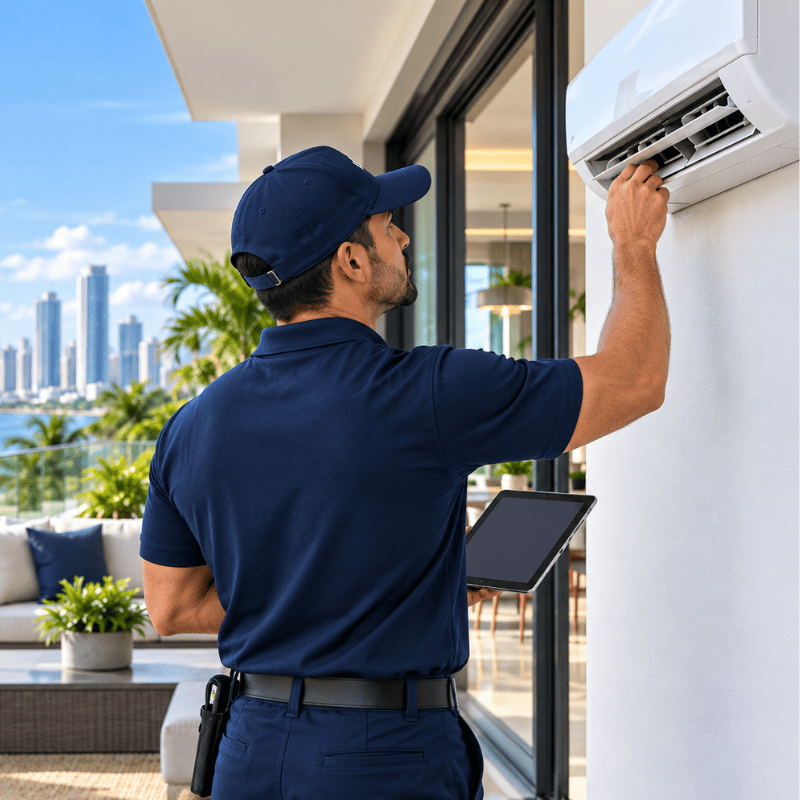Técnico MANPRO realizando mantenimiento preventivo de aire acondicionado en una propiedad