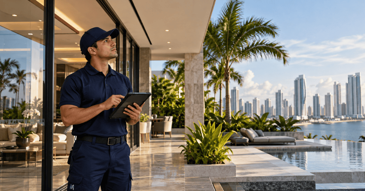 Técnico de MANPRO inspeccionando una propiedad durante un servicio de mantenimiento en Panamá
